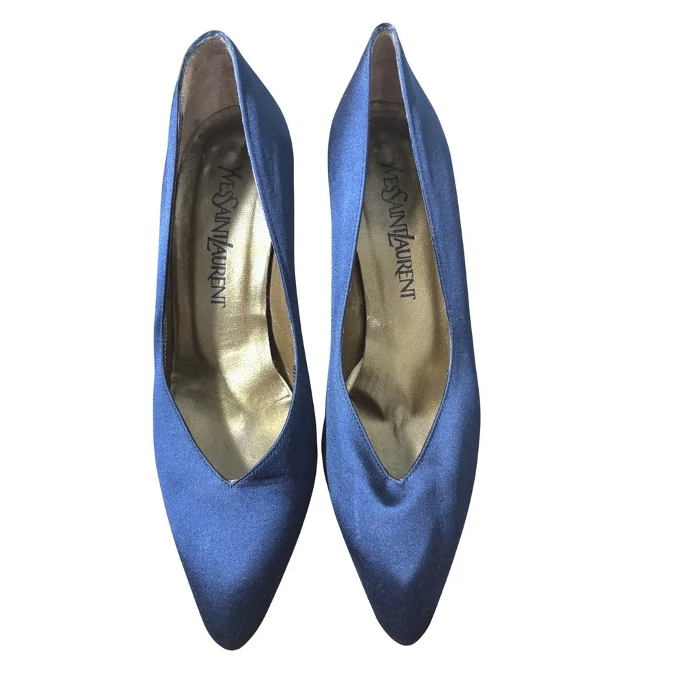 Yves Saint Laurent Vintage Navy Blue Satin Pointed Toe‎ Pumps Stiletto Heels 7N